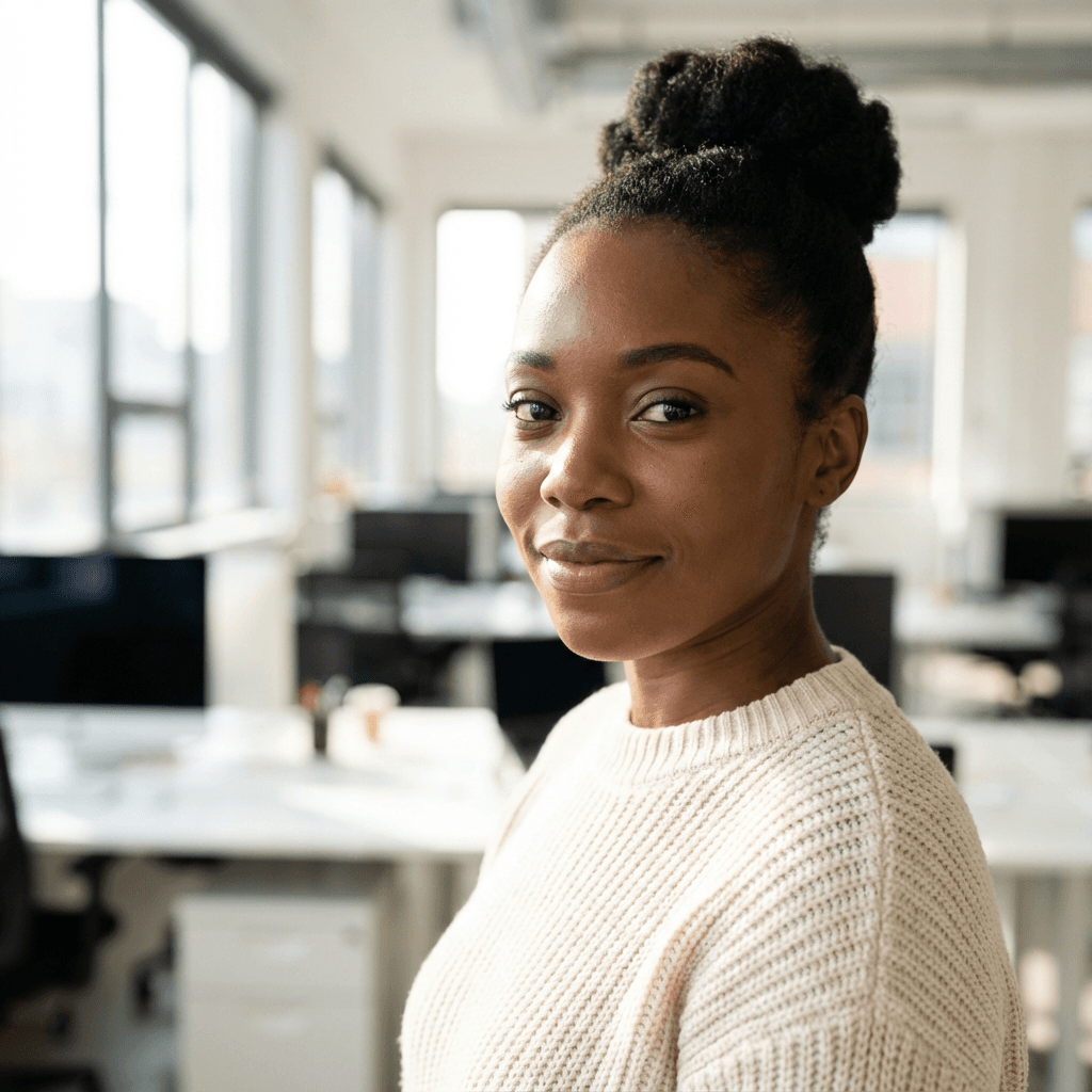 Alicia Morgan in a smart blazer, focused and approachable
