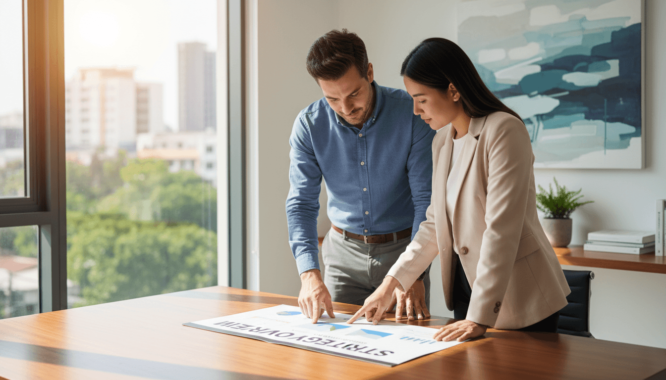 Consultant and client reviewing a report together in a bright office