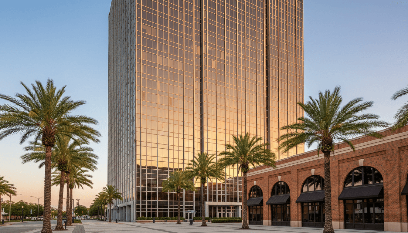 Contemporary commercial building reflecting warm evening light