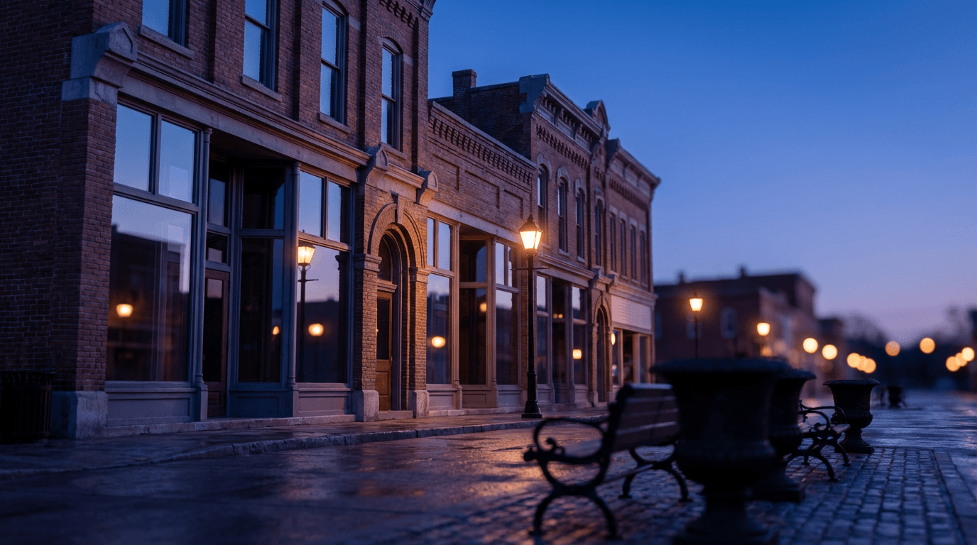 Historic red brick buildings along a LaGrange street at sunset