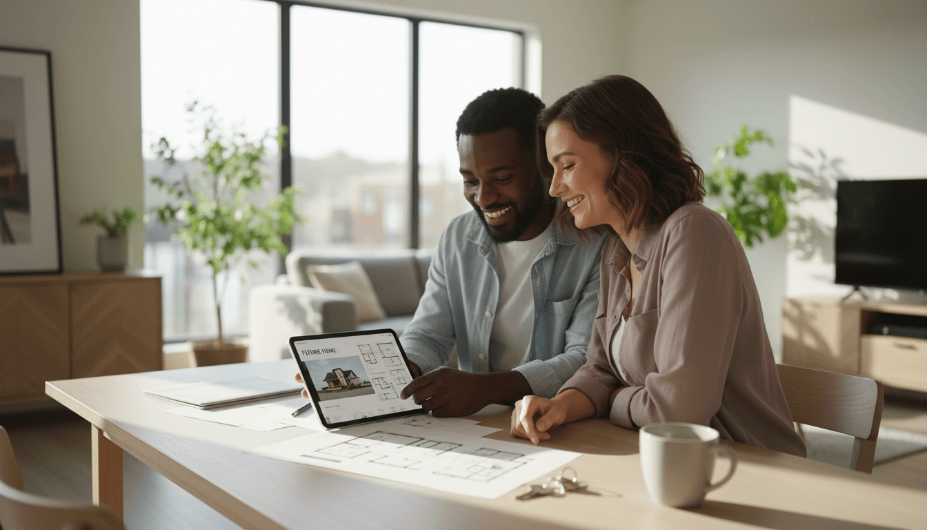 Real estate agent presenting property listings to a couple