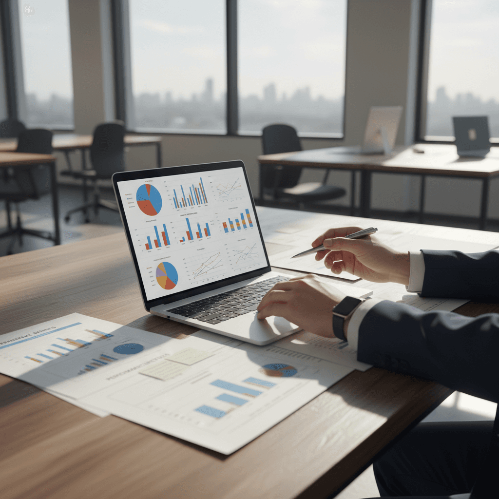 A neatly arranged desk with a laptop, financial documents, and a small house model, symbolizing consulting, real estate, and dispatch services.