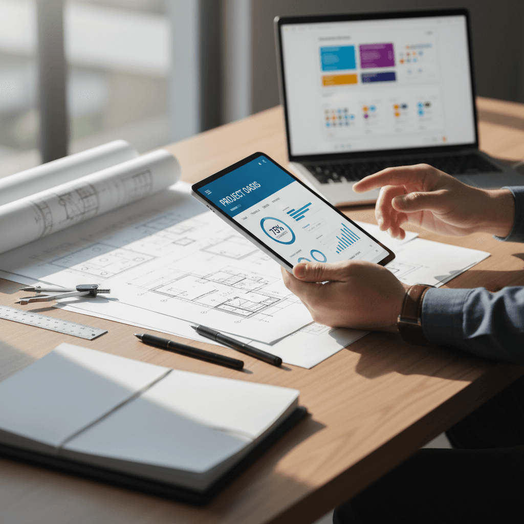 Desk with project documents and a tablet displaying charts