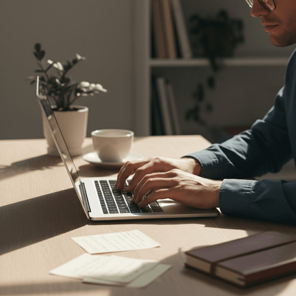 Professional organizing printed information and notes on a tidy desk
