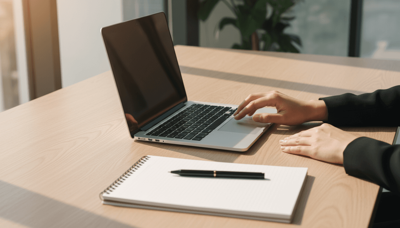 Organized desk with laptop and notebook in a quiet office